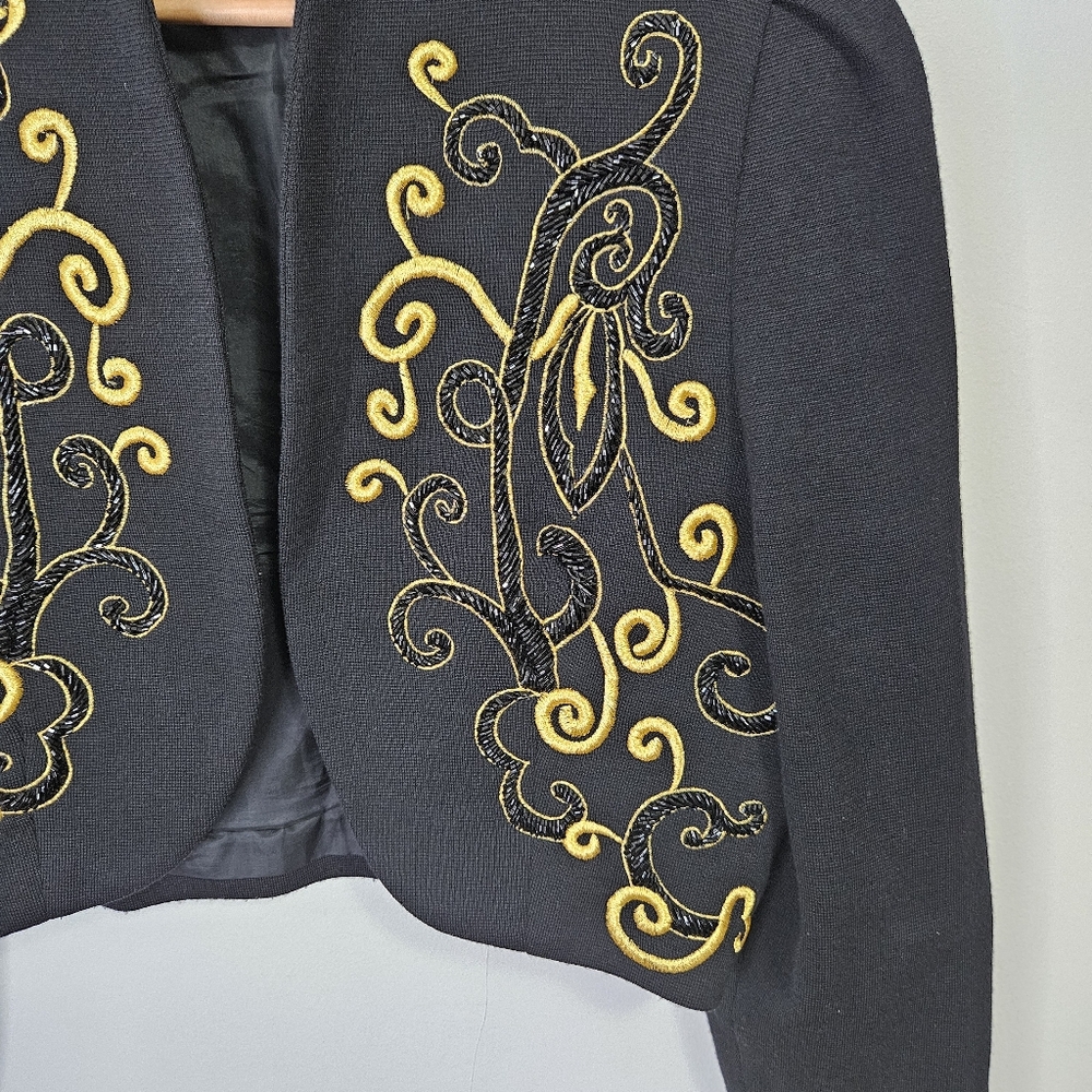 VTG Lillie Rubin Bolero Jacket Sz L Black Beaded Embroidered Wool Night Party - Picture 4 of 12
